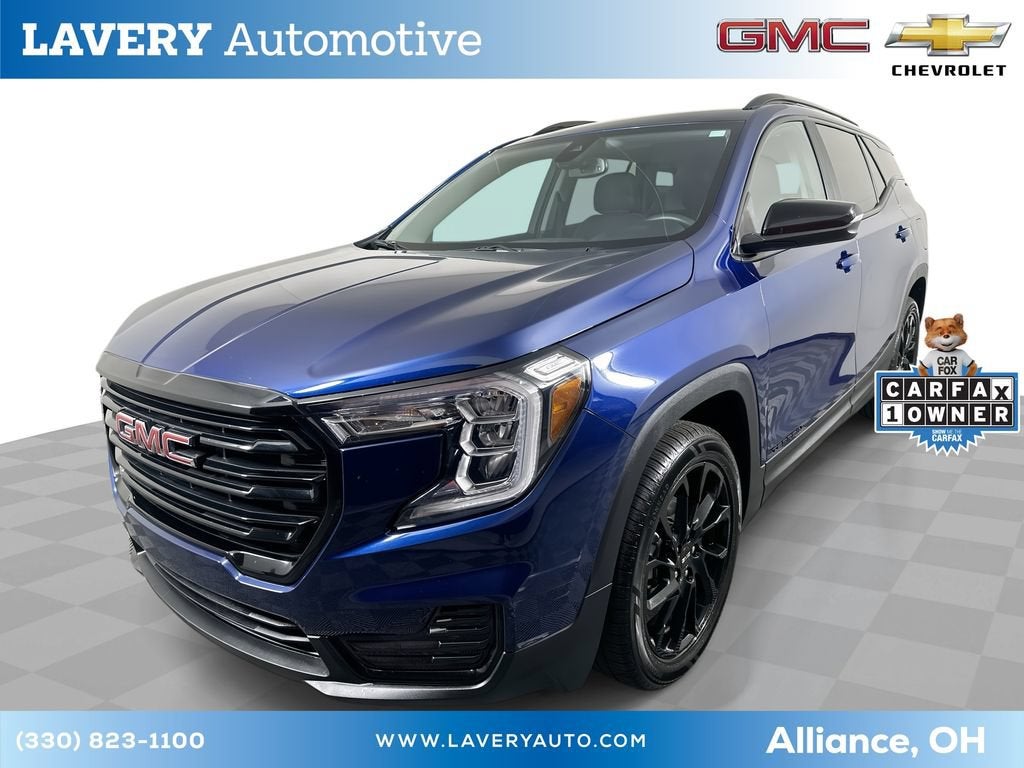 2023 GMC Terrain SLE in Marine Metallic — front three-quarter view